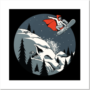 Little Red Ridding Hood Snowboarding Down the Snow White Wolf Mountain Posters and Art